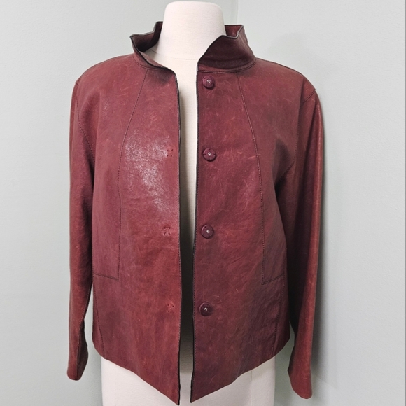 Lafayette 148 Leather Jacket Snaps Crimson Red Rust Size Small NWT Designer